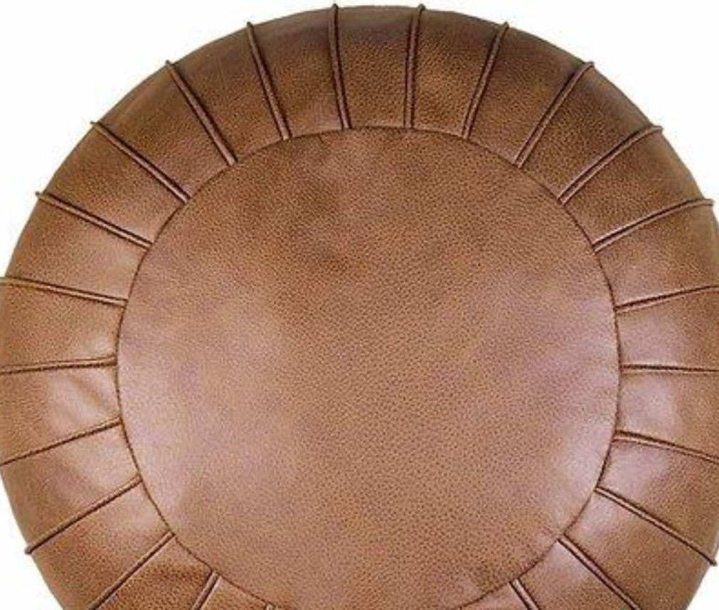 Brown Round Handmade Moroccan leather pouf with intricate geometric designs, perfect for enhancing living room style.