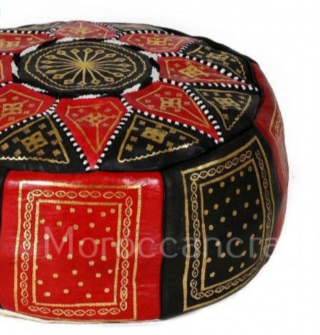 Handcrafted leather Moroccan poufs, ottomans and footstool in natural tones, featuring traditional stitching and soft, durable materials.