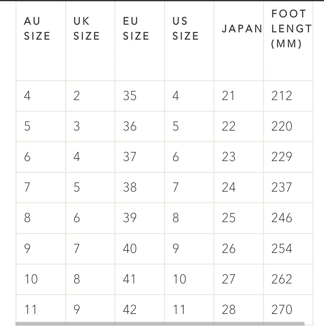 A shoe size conversion chart showing international sizing standards (AU, UK, EU, US, Japan) and corresponding foot lengths in millimeters (MM)
