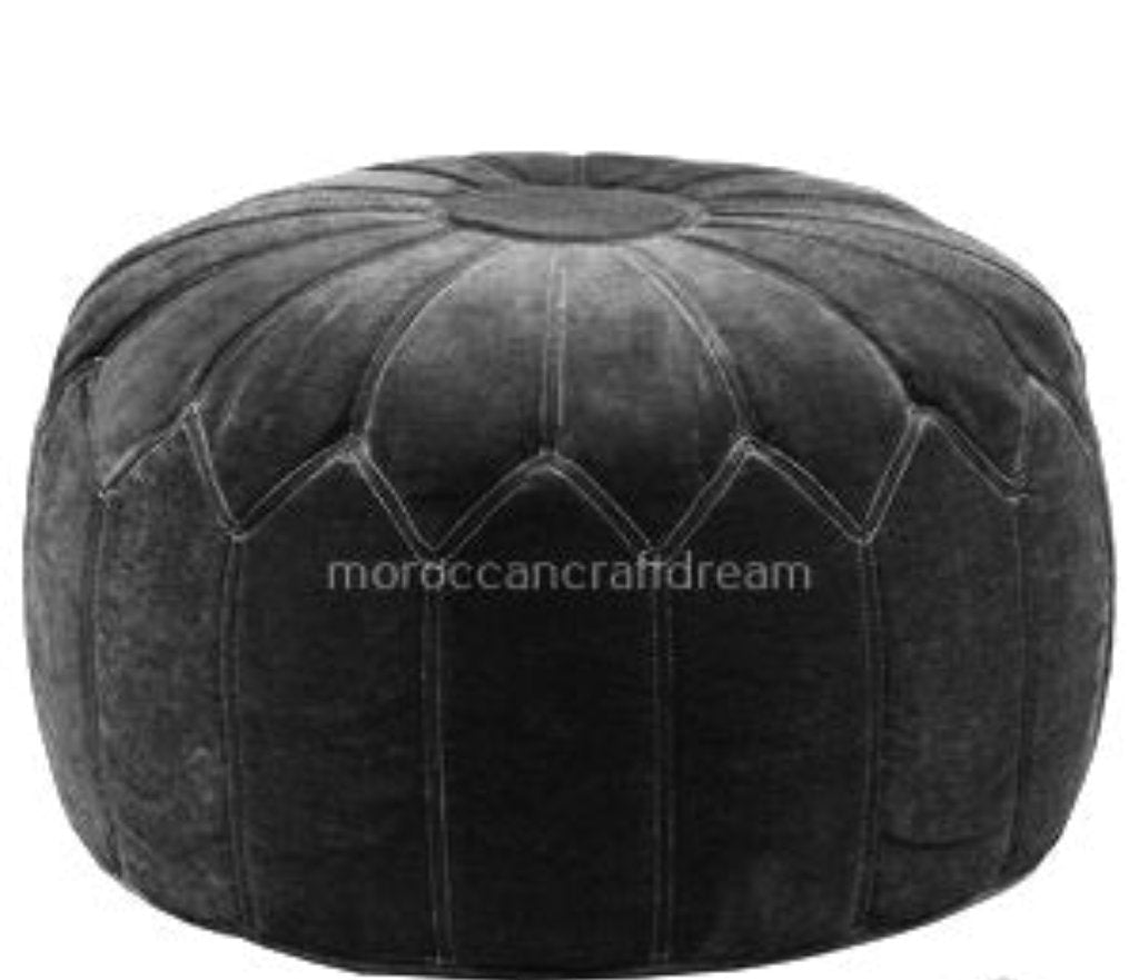 Moroccan poufs and ottomans footstool used as a coffee table, handcrafted in wool and velvet with traditional stitching and durable design