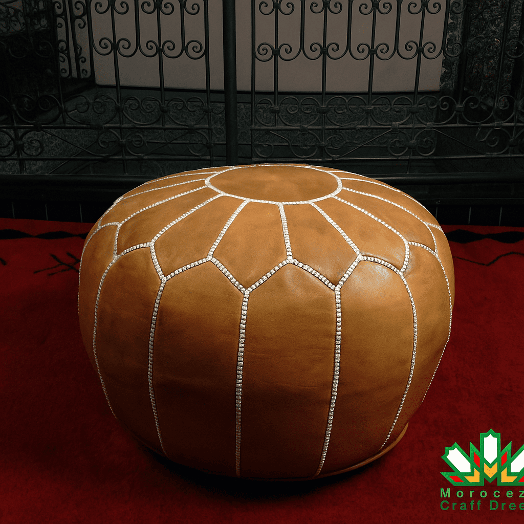 caramel leather moroccan pouf