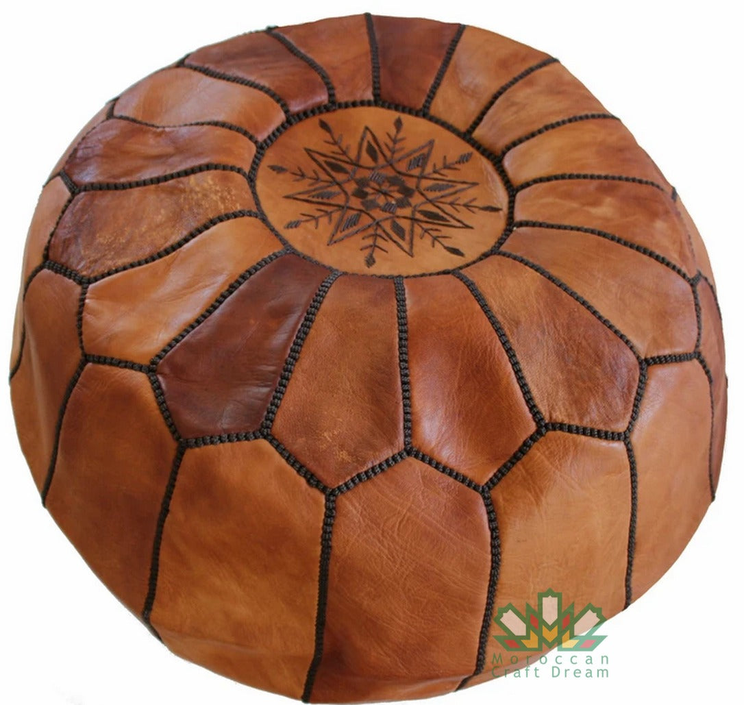 Handcrafted Light Tan Moroccan leather Ottoman Pouf with Black Stitching (MRP2TA)