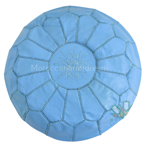 Luxury Leather Round  Pouf Ottoman Sky Blue RP2SB