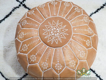 LUXURY LEATHER EMBROIDERED OTTOMAN LIGHT CARAMEL EP2CR
