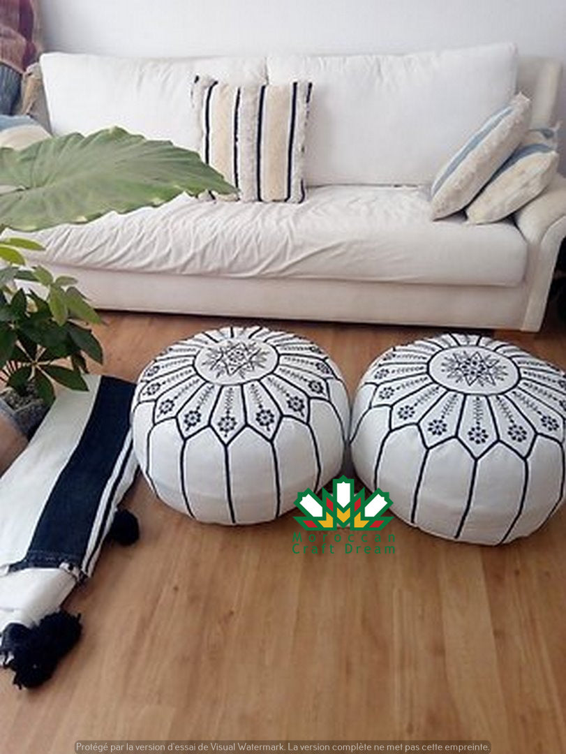 Moroccan leather, hotsell ottoman round pouf, white black stitch handmade footstool