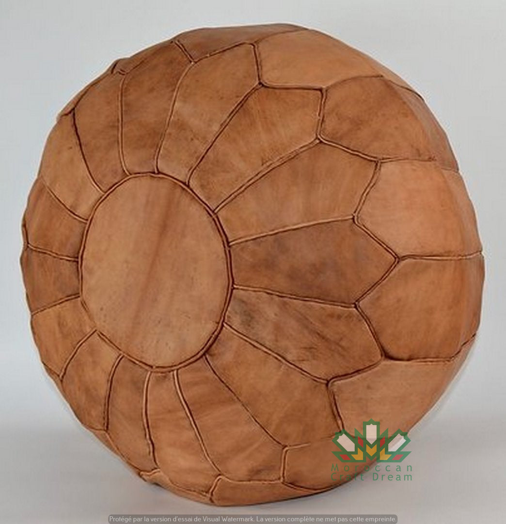 Handcrafted Light Caramel Moroccan leather Ottoman Pouf without stitching (MRP2LCR)