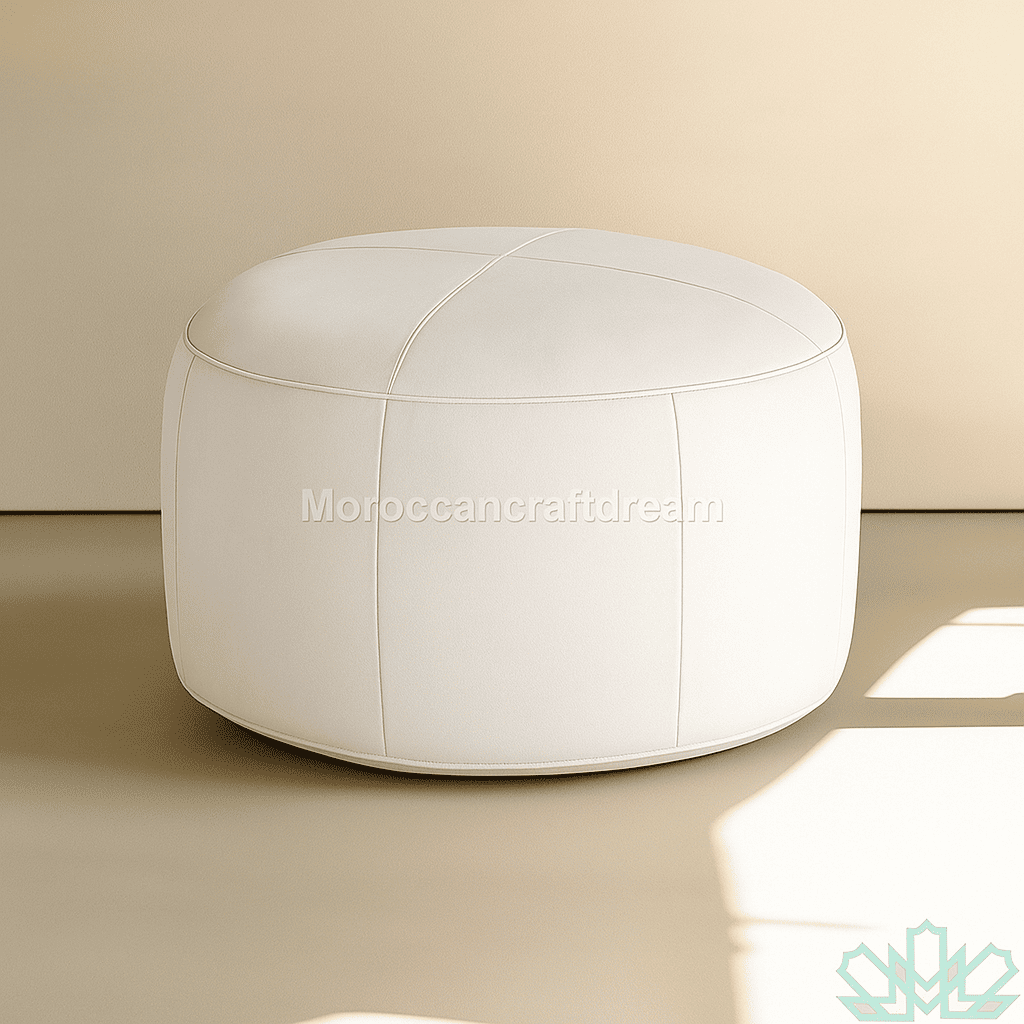 Handmade White Leather Round Moroccan pouf Ottoman MCP1WH