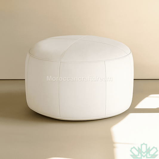 Handmade White Leather Round Moroccan pouf Ottoman MCP1WH