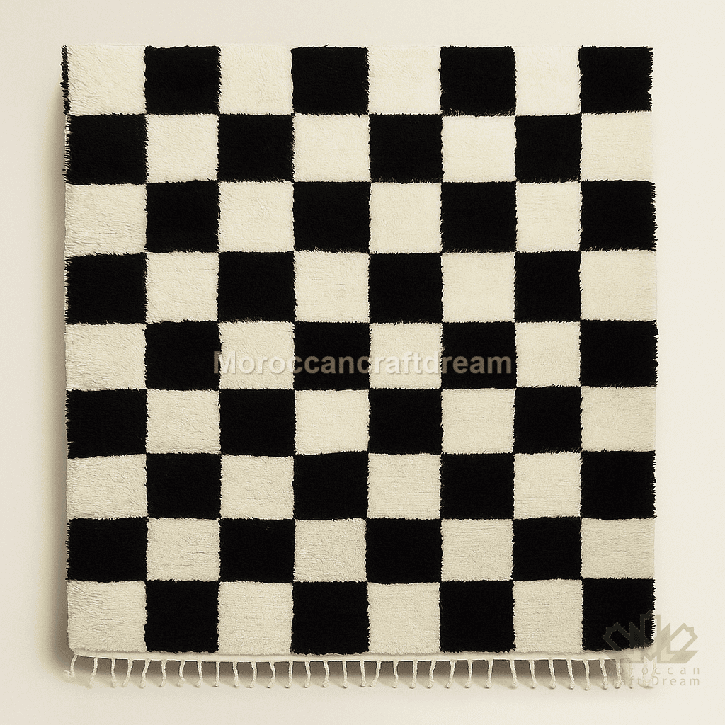 Black and white checkered rug with fringed edges on a beige background