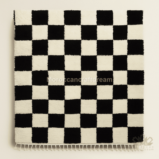 Black and white checkered rug with fringed edges on a beige background