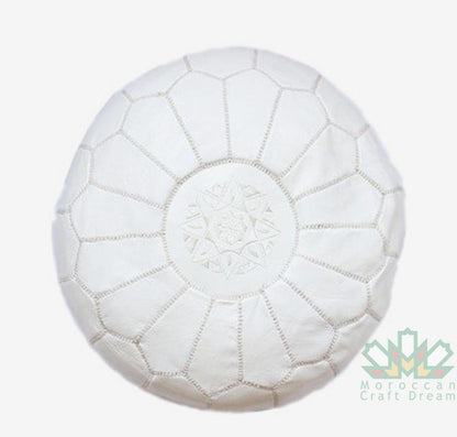 Handcrafted White Moroccan leather Ottoman Pouf (MRP1LWH)
