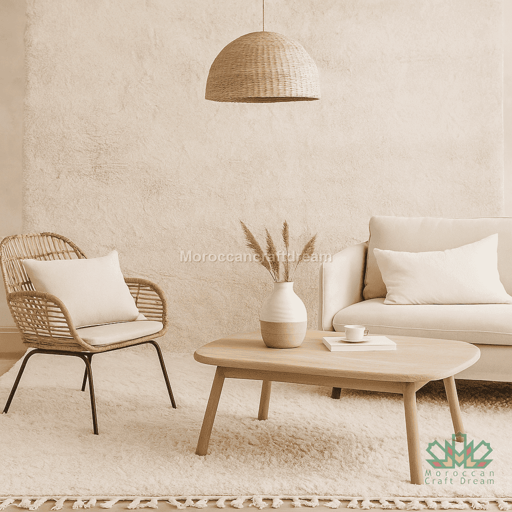 Modern living room with beige sofa, wicker chair, wooden coffee table, and decorative elements.