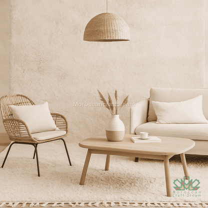 Modern living room with beige sofa, wicker chair, wooden coffee table, and decorative elements.