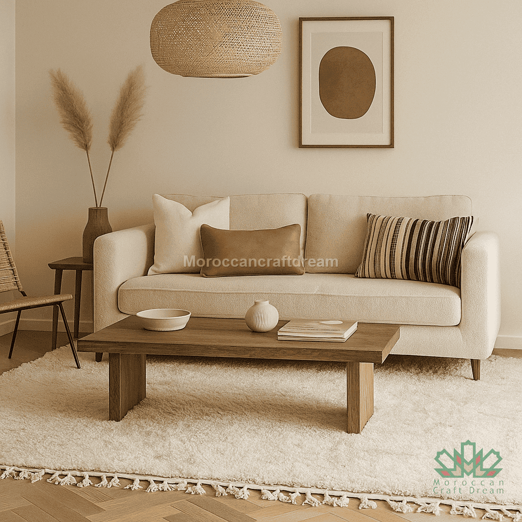 Beige sofa with decorative pillows in a living room setting, featuring a wooden coffee table and wall art.