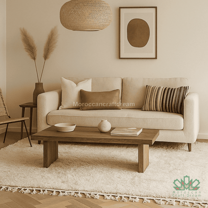 Beige sofa with decorative pillows in a living room setting, featuring a wooden coffee table and wall art.