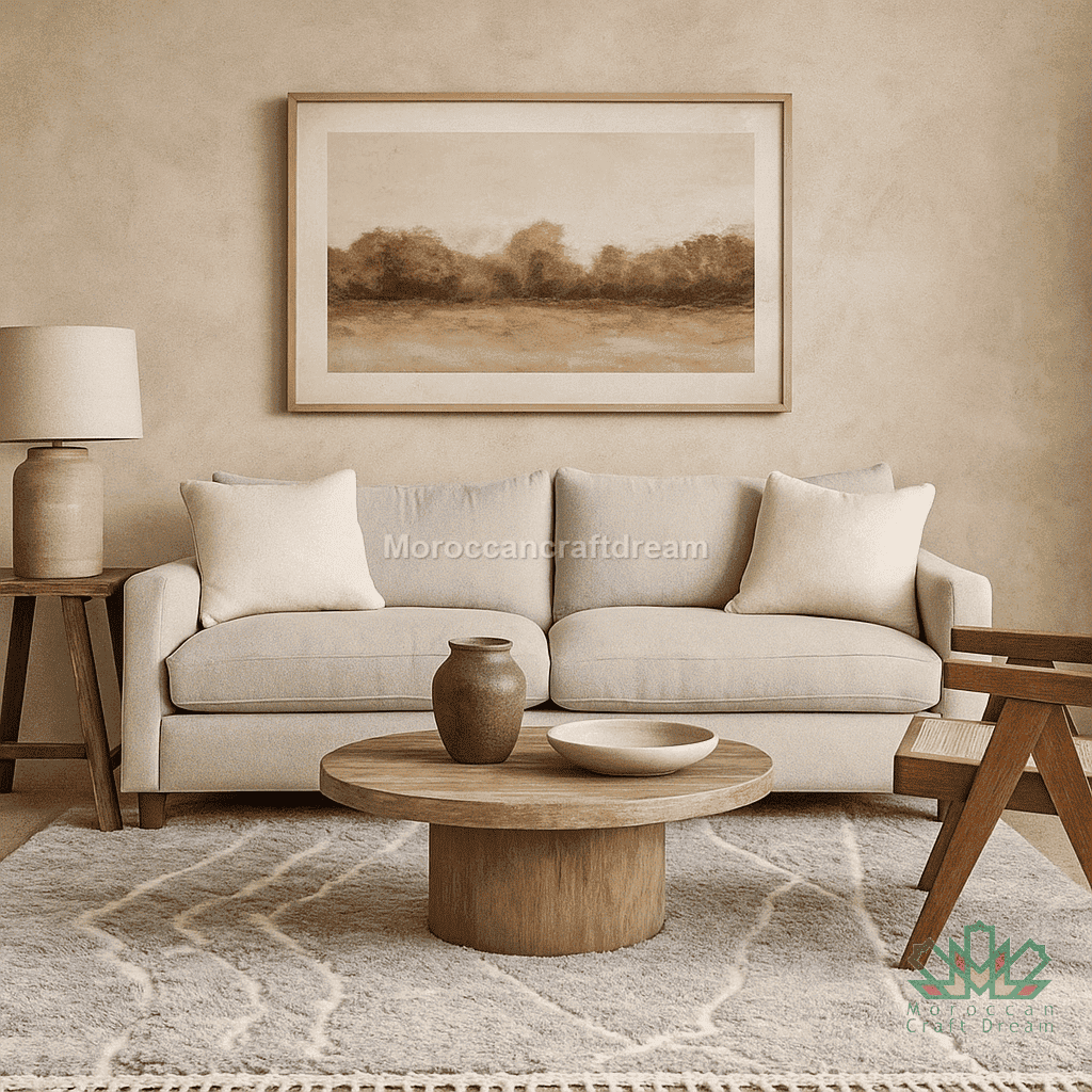 Living room with beige sofa, wooden coffee table, and framed landscape art on wall.