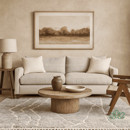 Living room with beige sofa, wooden coffee table, and framed landscape art on wall.