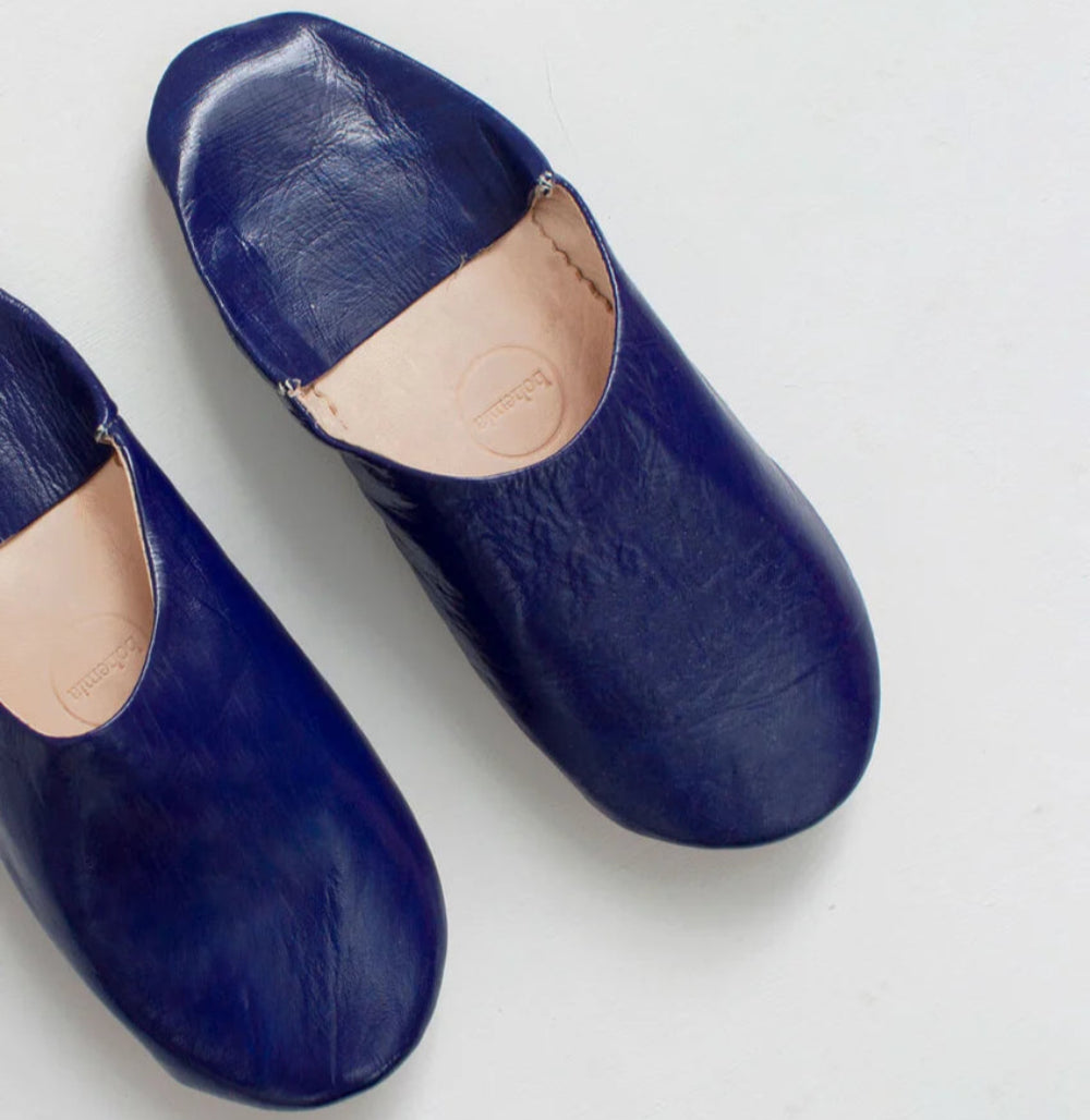 handcrafted blue leather slippers