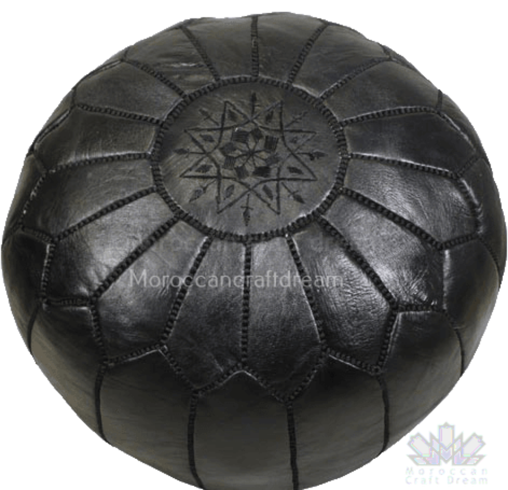 Black Artisan Moroccan leather pouf, handmade with authentic craftsmanship to elevate any room's decor.