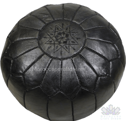 Black Artisan Moroccan leather pouf, handmade with authentic craftsmanship to elevate any room's decor.