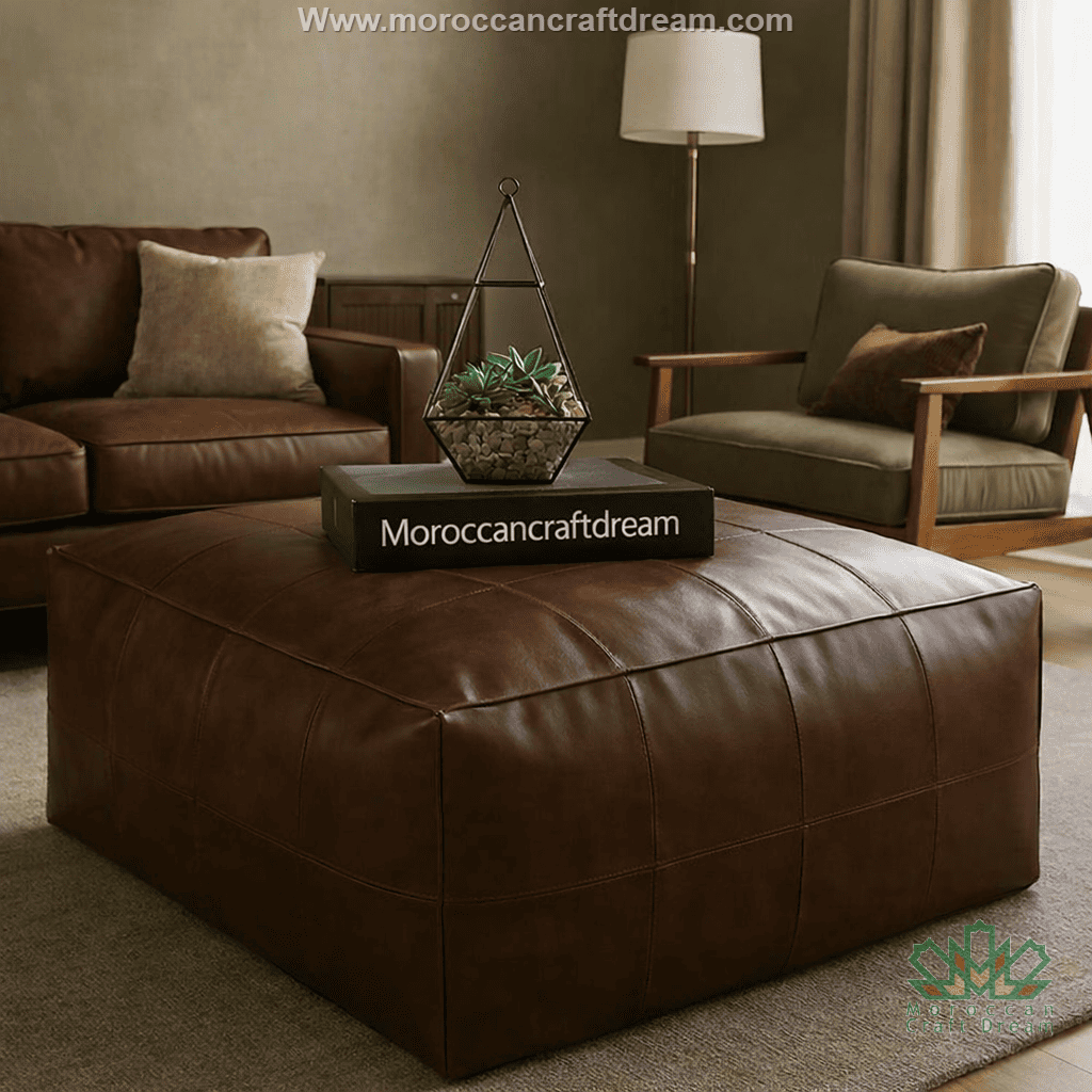 Brown leather ottoman coffee table with a matching sofa and chair in a living room setting.