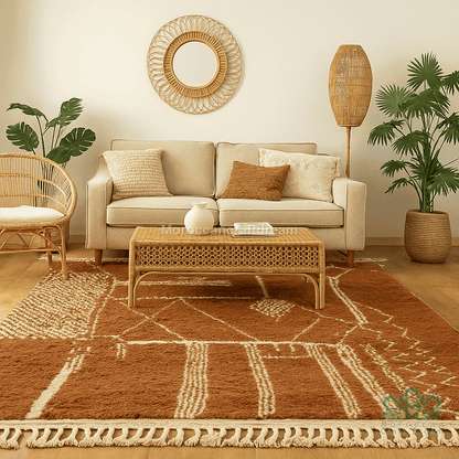 Living room with beige sofa, wicker coffee table, and decorative rug.