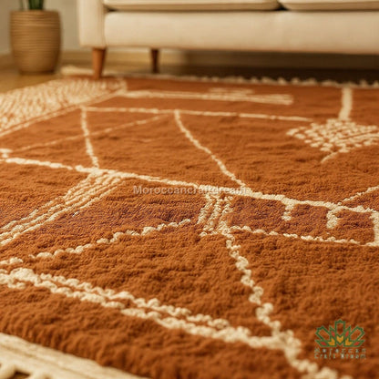 Brown Moroccan rug with white patterns in a living room setting