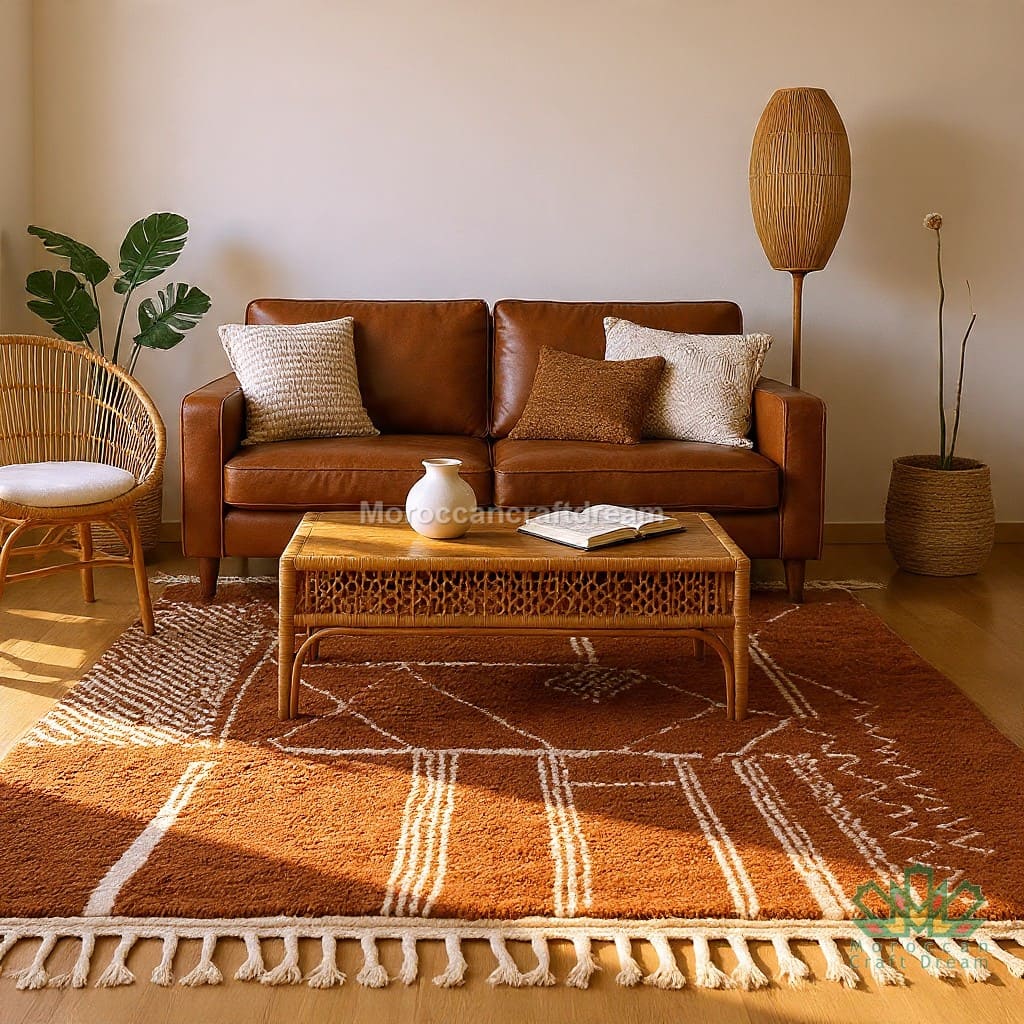 Cozy living room with brown leather sofa, wooden coffee table, and decorative rug.