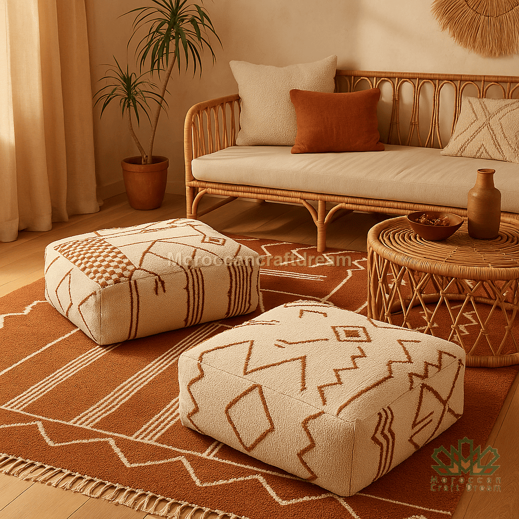 white brown kilim pouf in a living room 