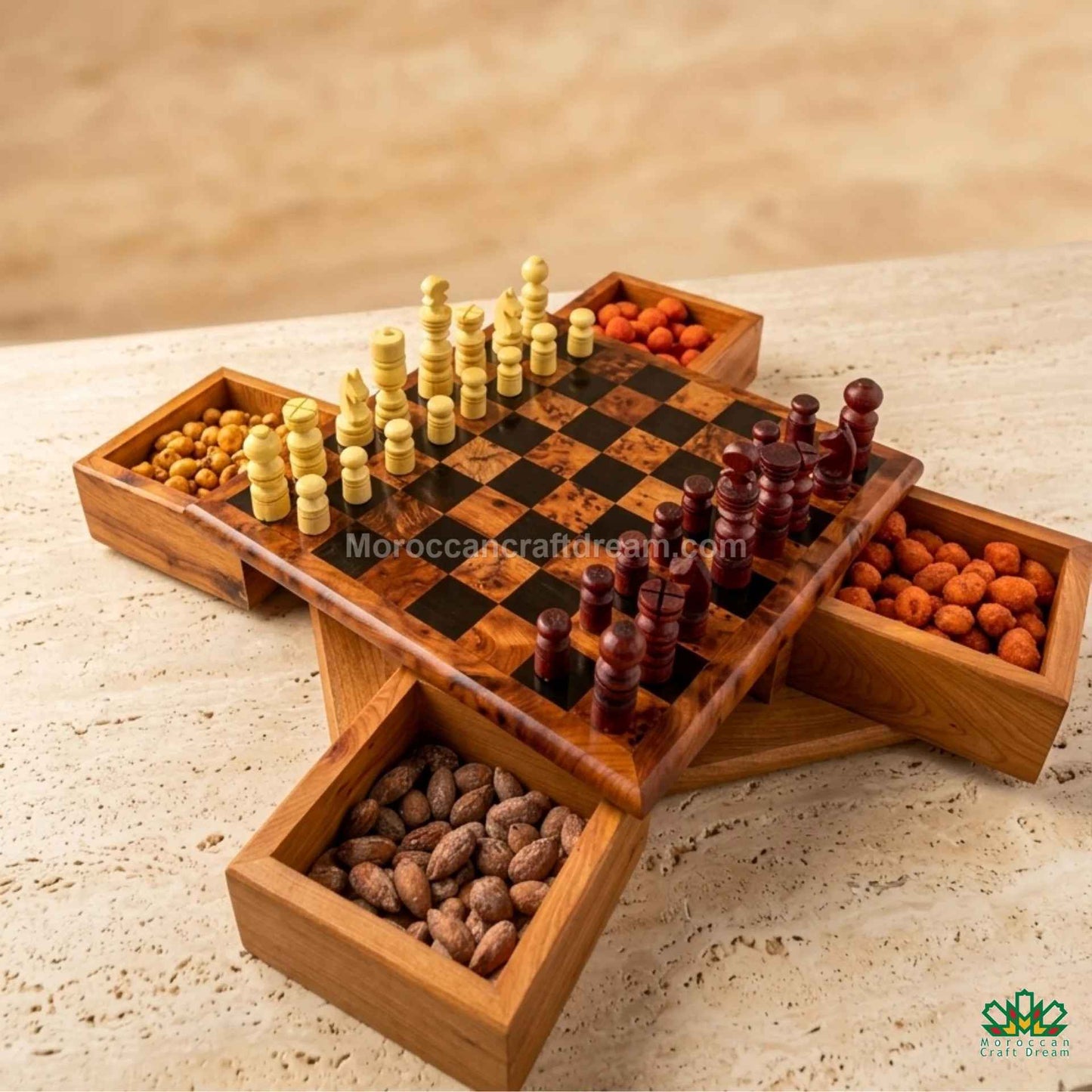 Thuya wood box open to show jewelry compartments in a luxury Moroccan Riad.