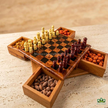 Thuya wood box open to show jewelry compartments in a luxury Moroccan Riad.