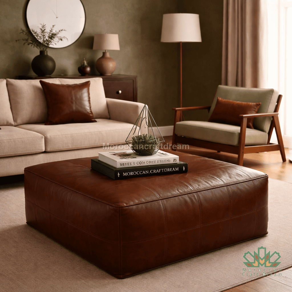 chocolate leather pillow and leather ottoman coffee table in living room