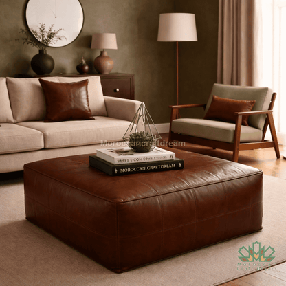 chocolate leather pillow and leather ottoman coffee table in living room