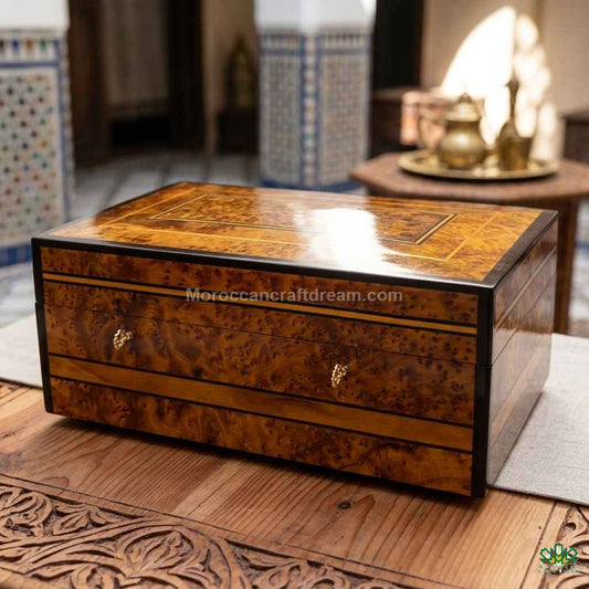 Exotic Thuya wood box showing the unique textures of Essaouira craftsmanship.