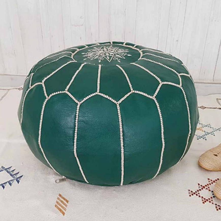 Luxury Green Moroccan  Pouf, leather ottoman, a green statement piece for sophisticated and functional home decor.