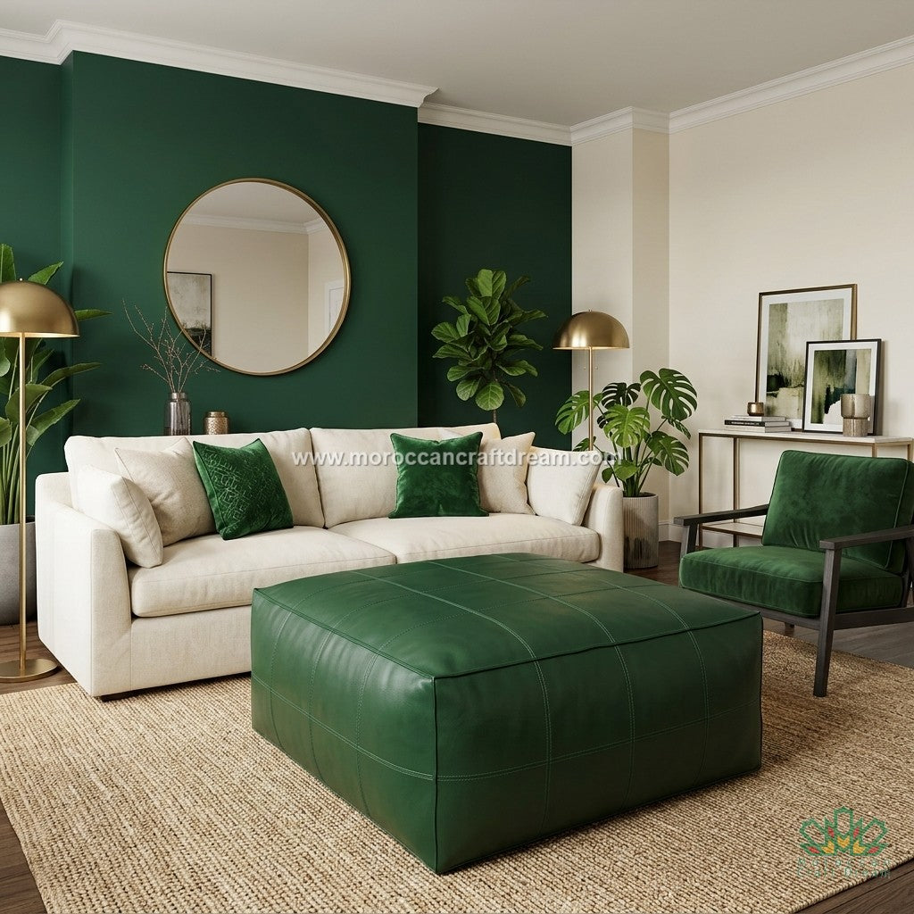 Green leather ottoman in a living room setting with a white sofa, green chairs and furniture.