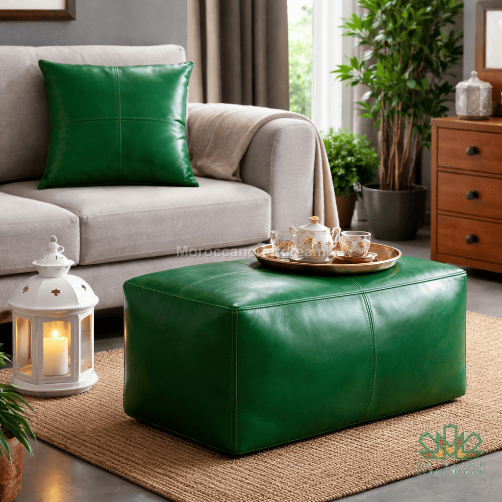 Green leather ottoman coffee table and leather pillow in a living room setting with a gray sofa, white lantern, and plants.