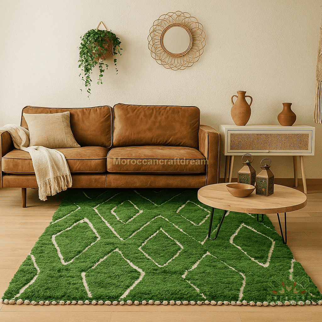 Living room with a brown sofa, green rug, and decorative items.