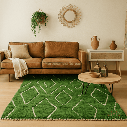 Living room with a brown sofa, green rug, and decorative items.