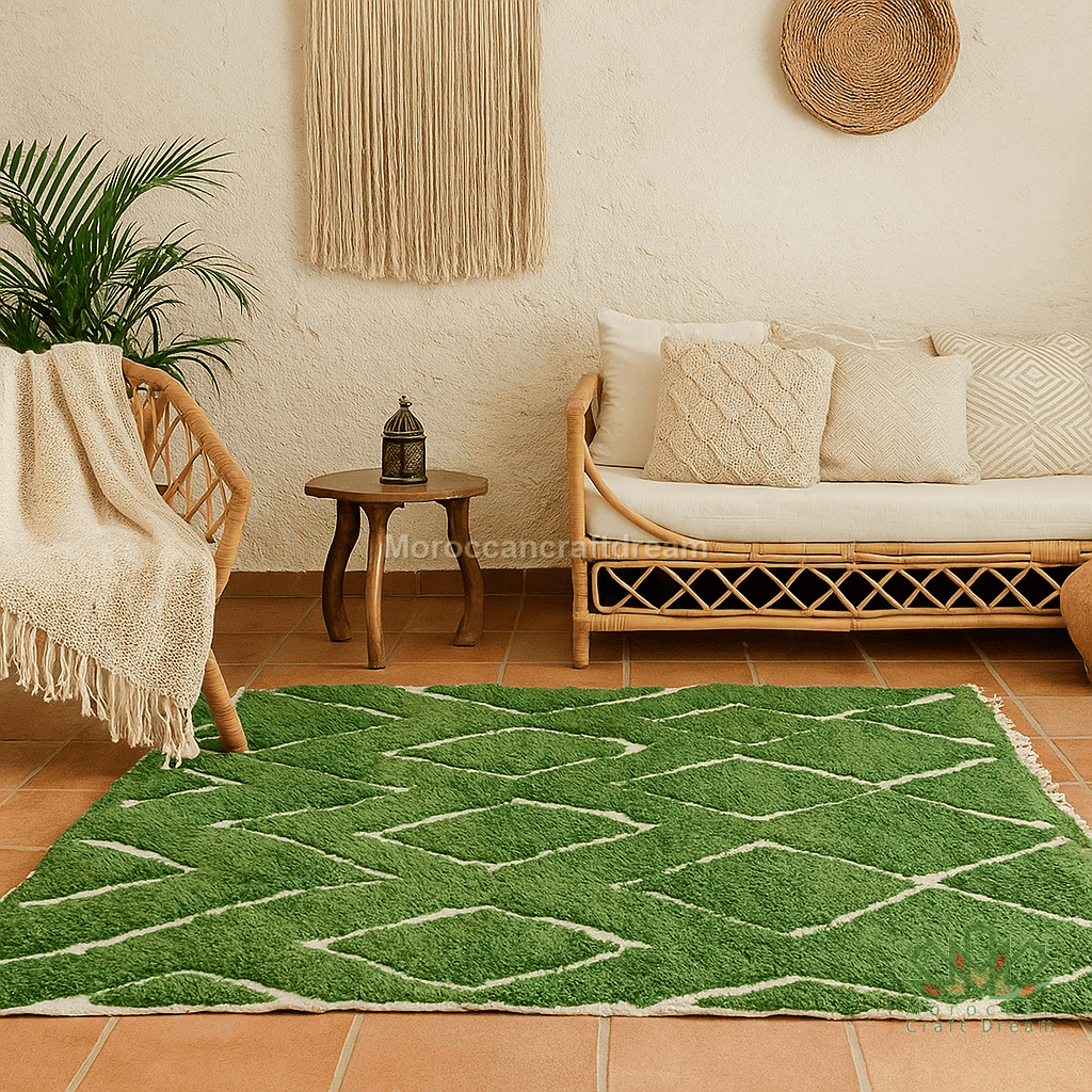 Green geometric patterned rug in a living room with a couch, table, and plant.
