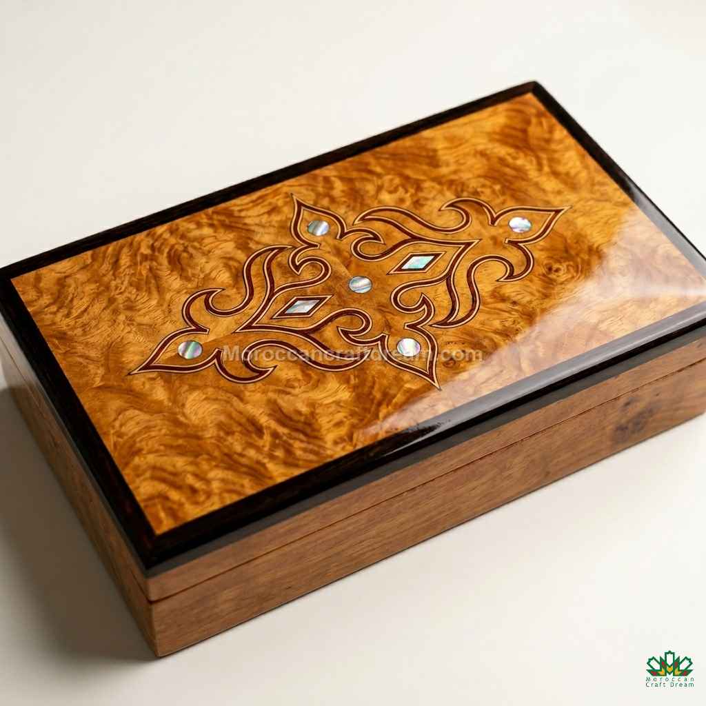 Handmade Moroccan Thuya wood jewelry box with intricate burl grain patterns.