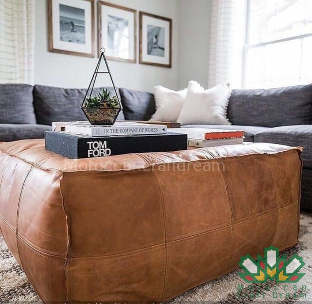 Square and rectangular Moroccan leather coffee table ottoman, combining elegance and durability in one versatile furniture piece.