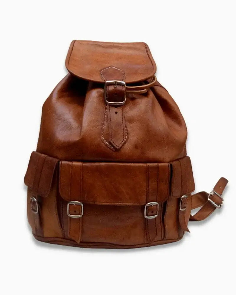 Handcrafted Moroccan leather bag purse in natural brown, featuring traditional stitching and a minimalist design, made from eco-friendly materials