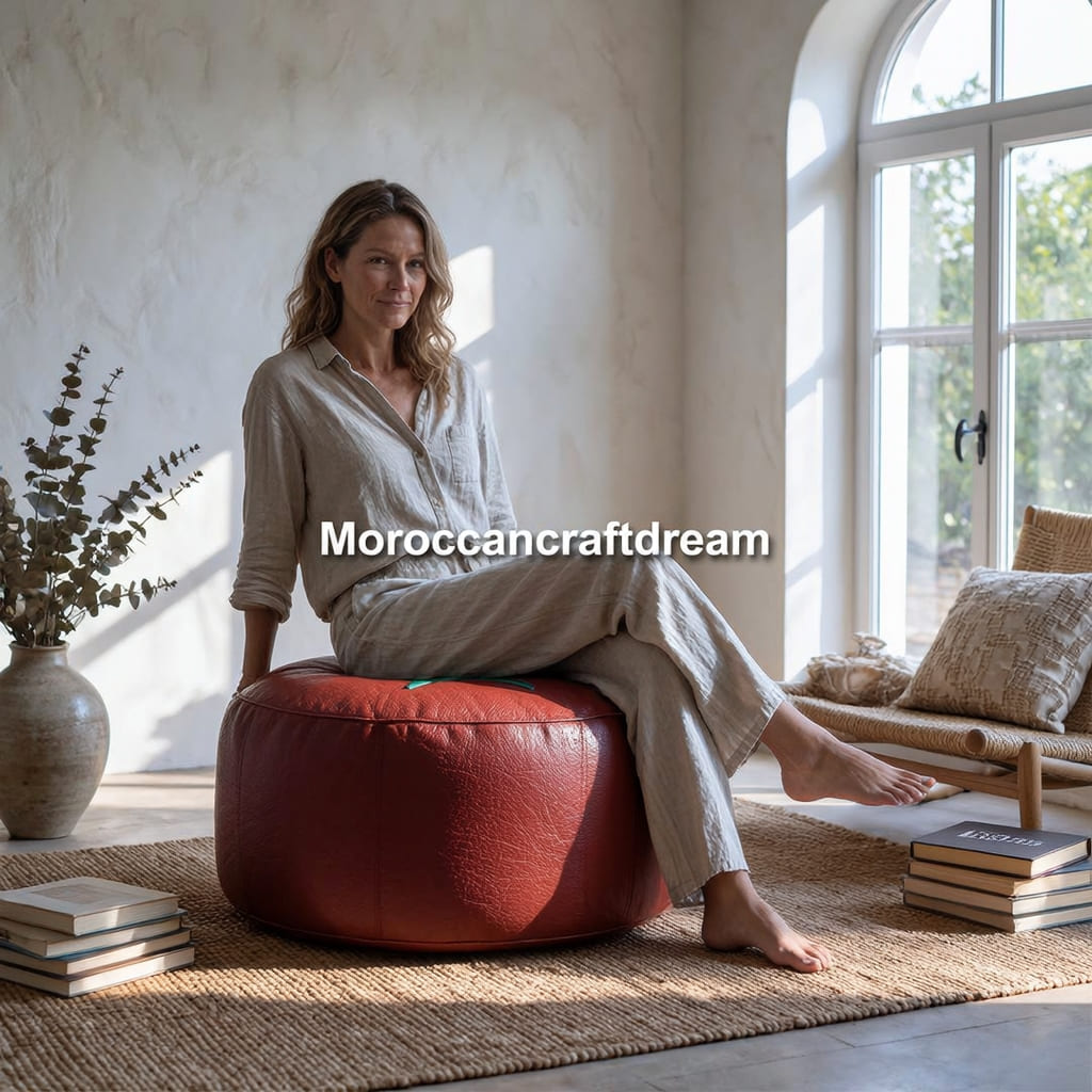 a women sitting on a moroccan pouf in a a living room with books and plants