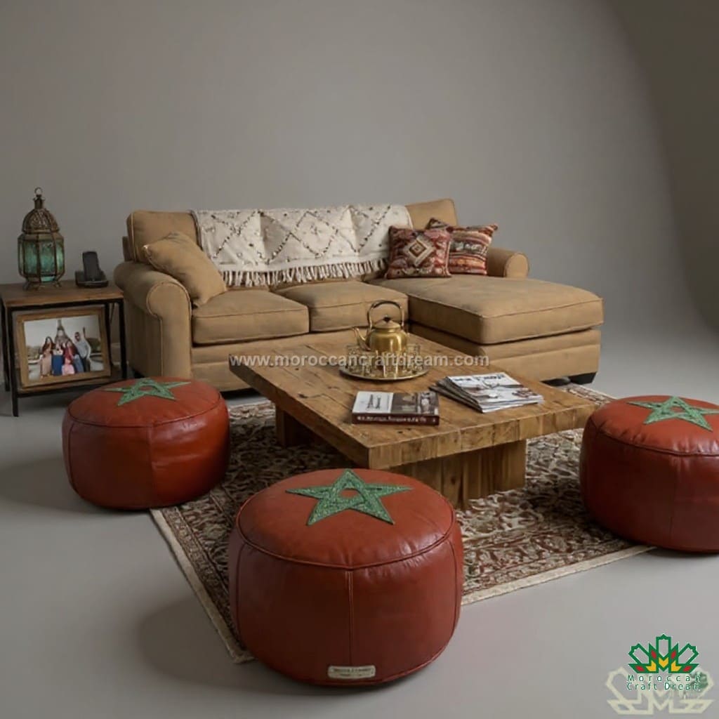 moroccan pouf with moroccan flag in a living room