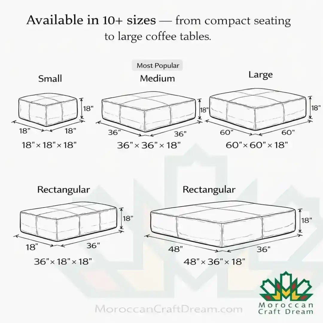 Diagram showing different sizes of furniture with dimensions labeled, including small, medium, large, and rectangular shapes.