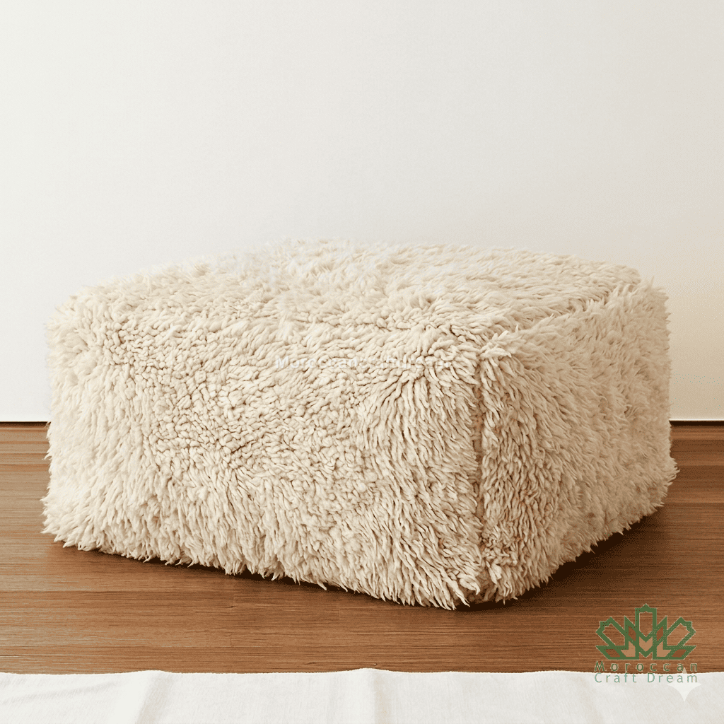 Beige cube-shaped ottoman on a wooden floor with a white wall background
