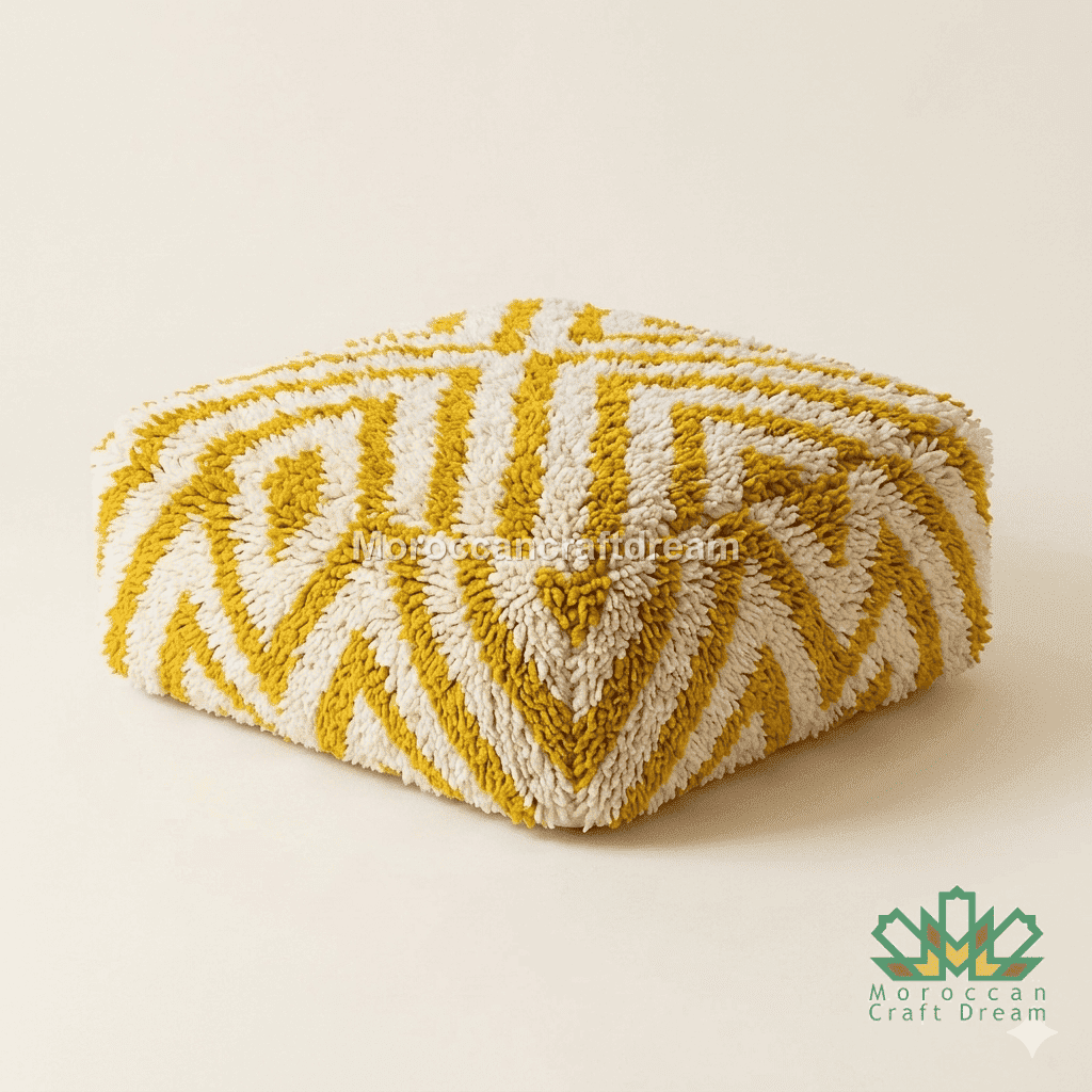 Yellow and white patterned ottoman with dimensions on a beige background