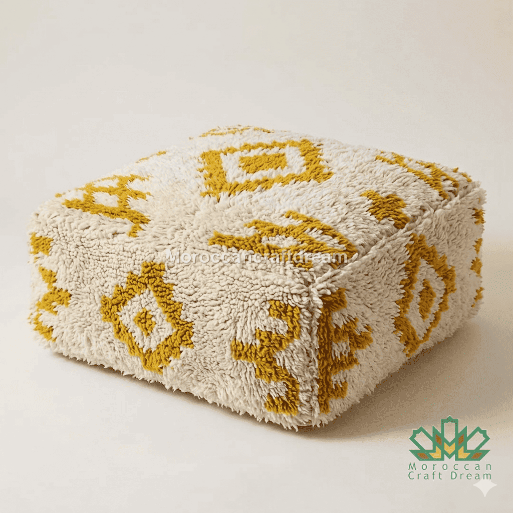 Beige ottoman with yellow geometric patterns on a white background