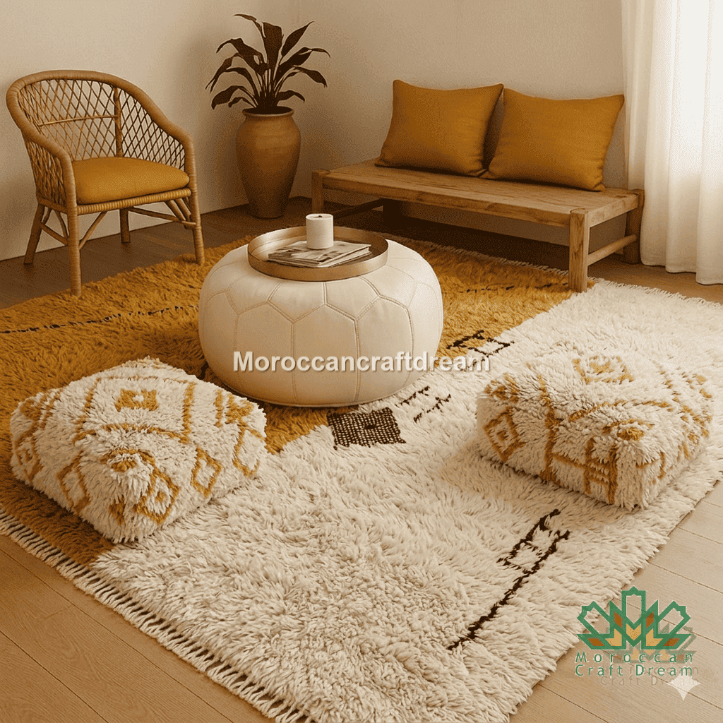 Living room with wooden bench, ottomans, and a coffee table on a patterned rug.